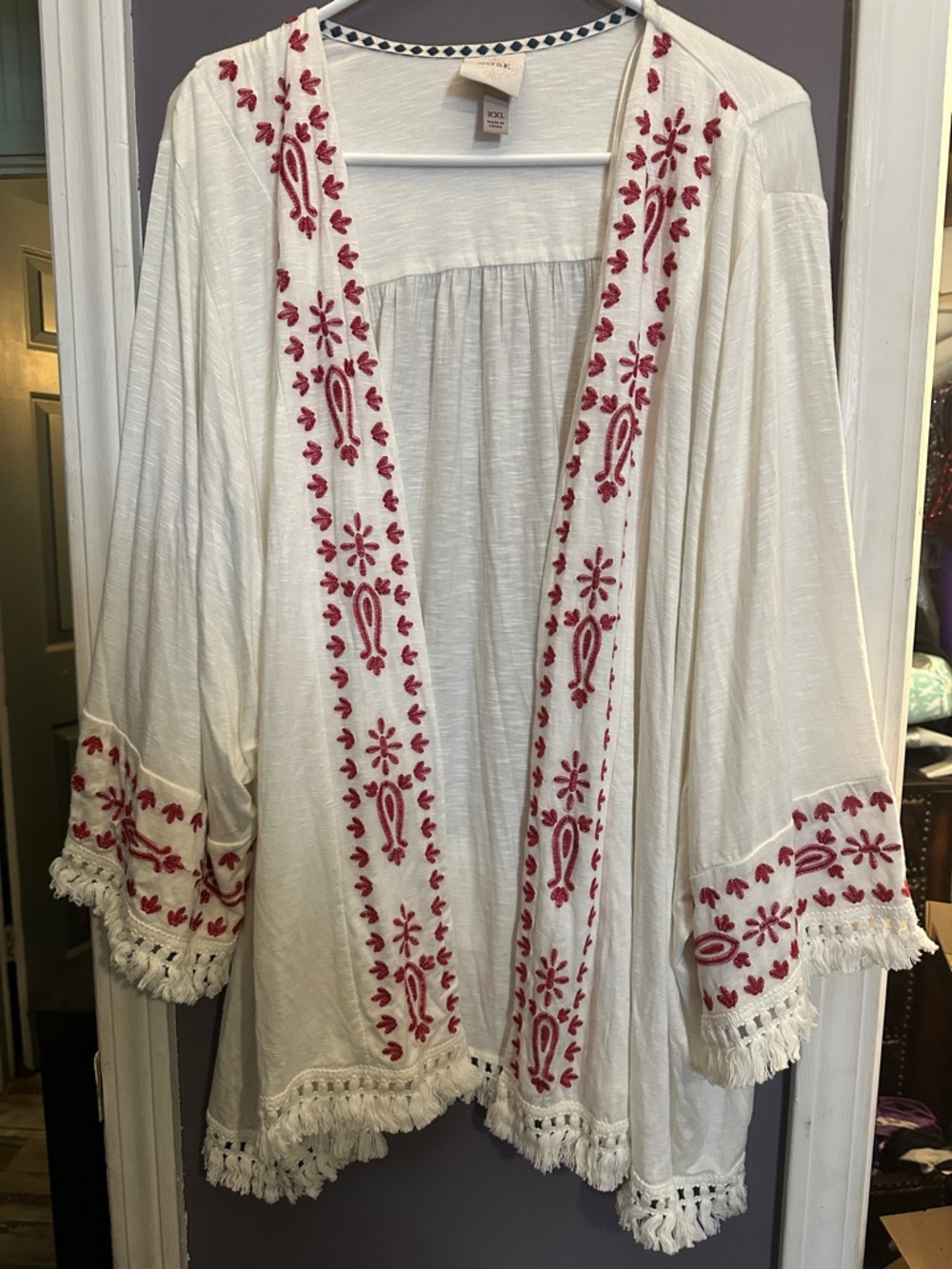 Knox Rose White Open-Front Embroidered Kimono with Red Accents